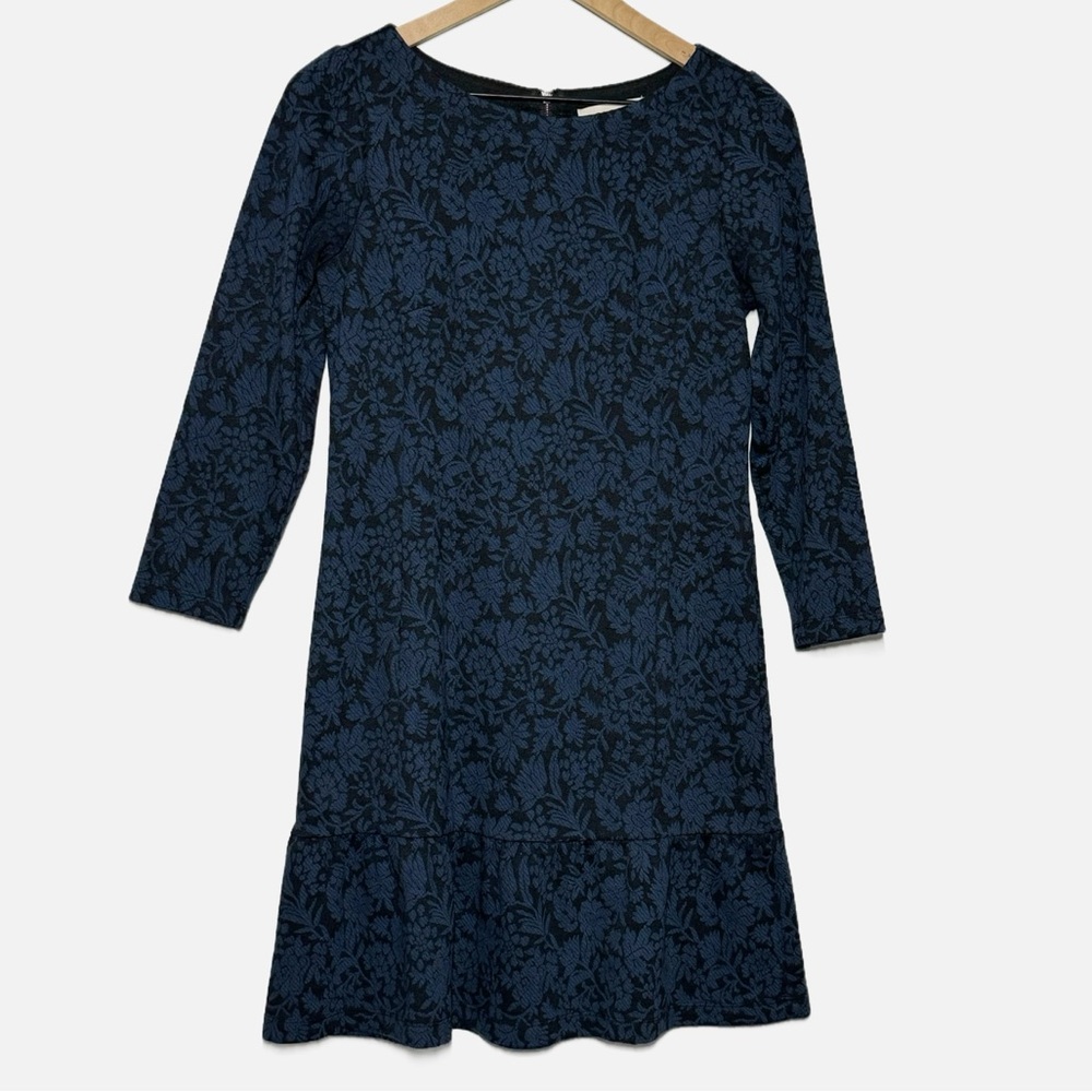 LOFT black and navy blue floral long sleeved winter shift dress size 2